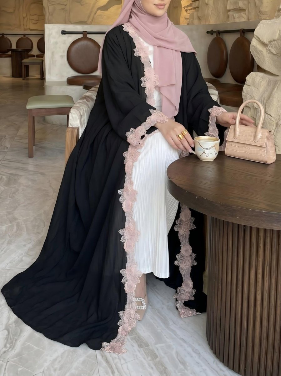 Pink Floral Lace-Trim Open Abaya(MOA333) - Mariam's Collection