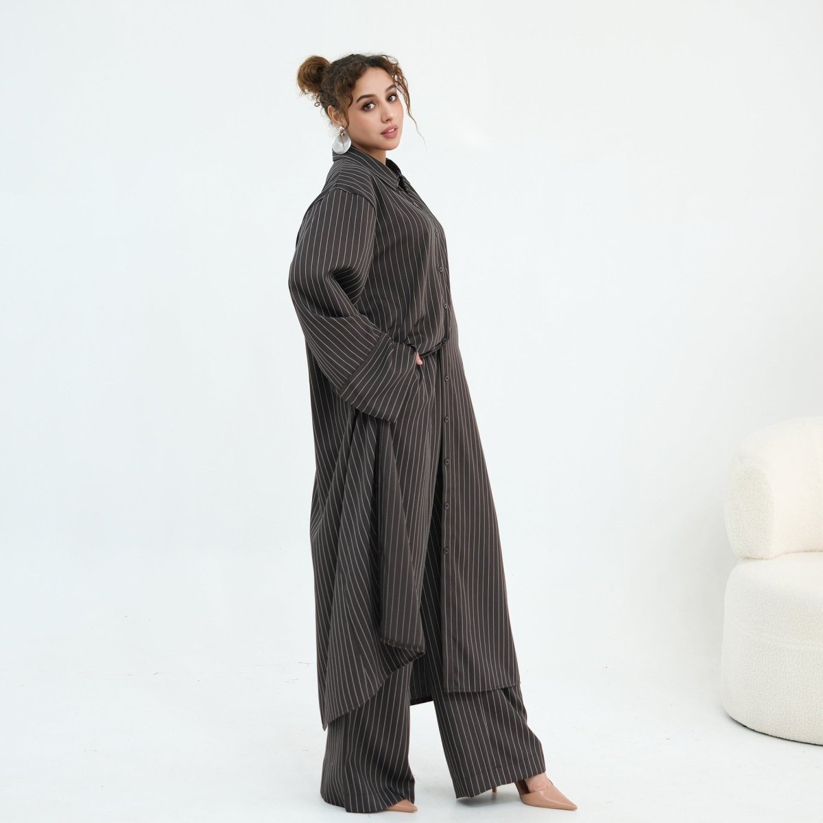 Modest pinstripe shirt set styled for smart casual everyday wear