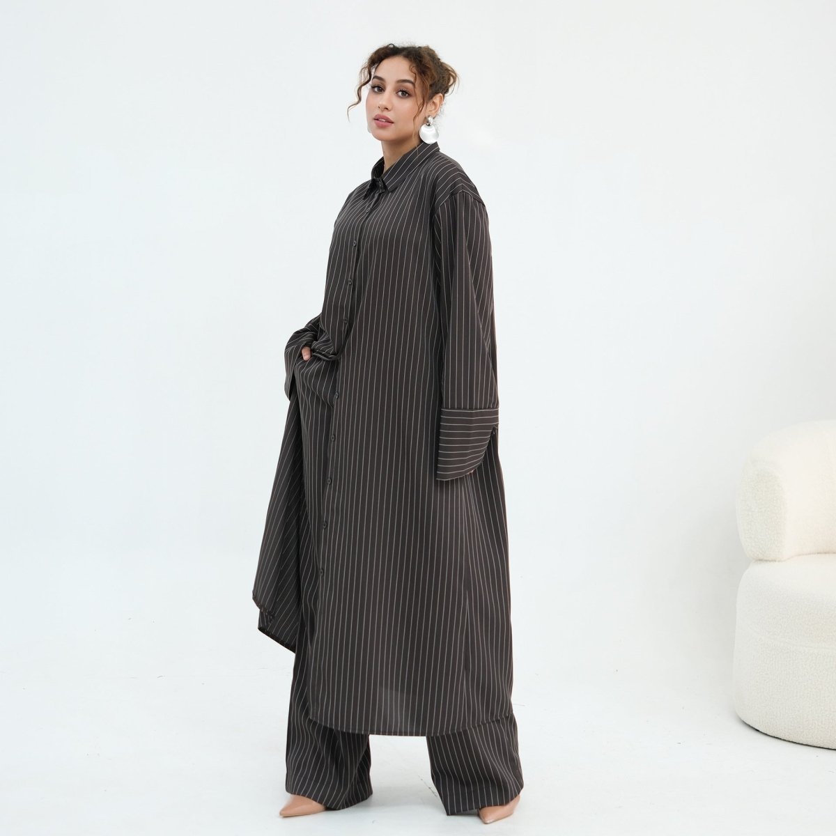 Soft woven fabric texture of the breathable pinstripe two-piece set