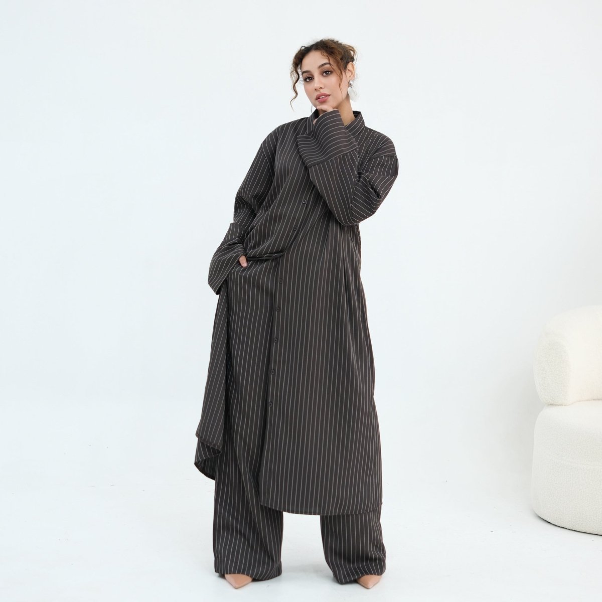 Pinstripe shirt buttoned up as a standalone modest look