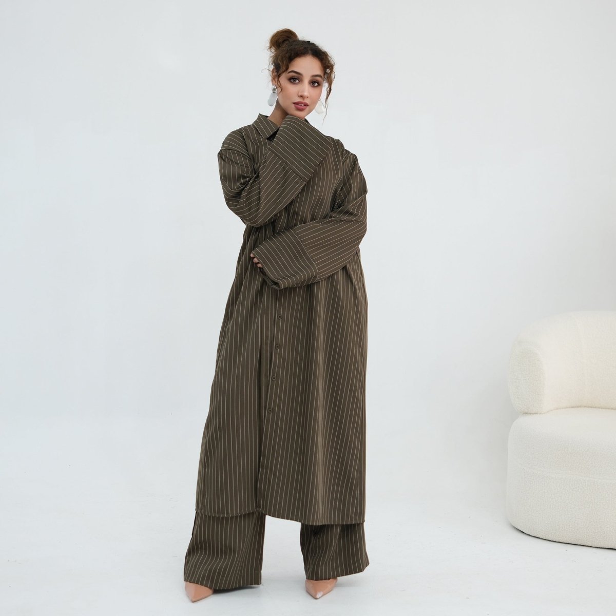 Pinstripe Wide-Leg Trouser Set – Modest Shirt Suit Set