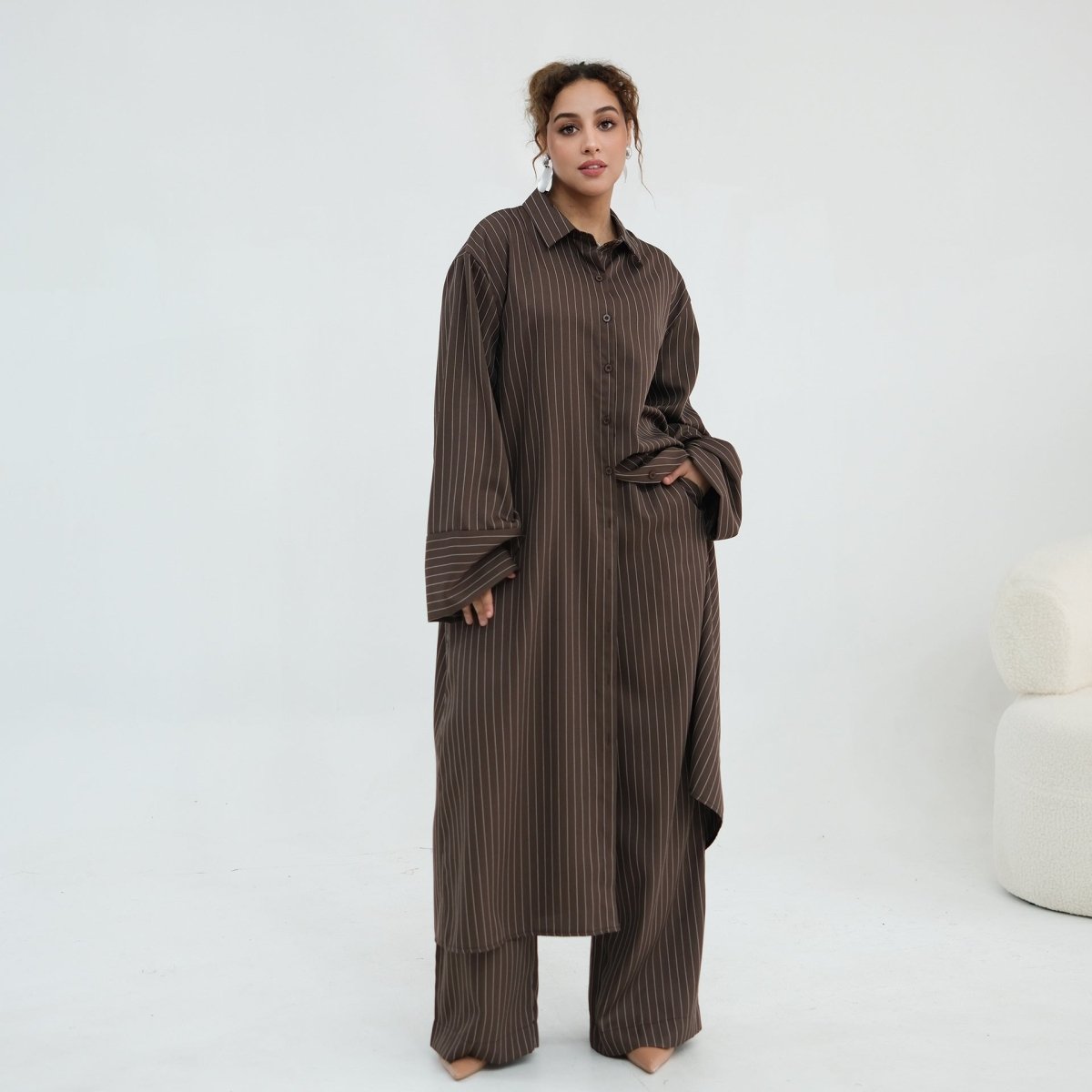 Pinstripe Wide-Leg Trouser Set – Modest Shirt Suit Set