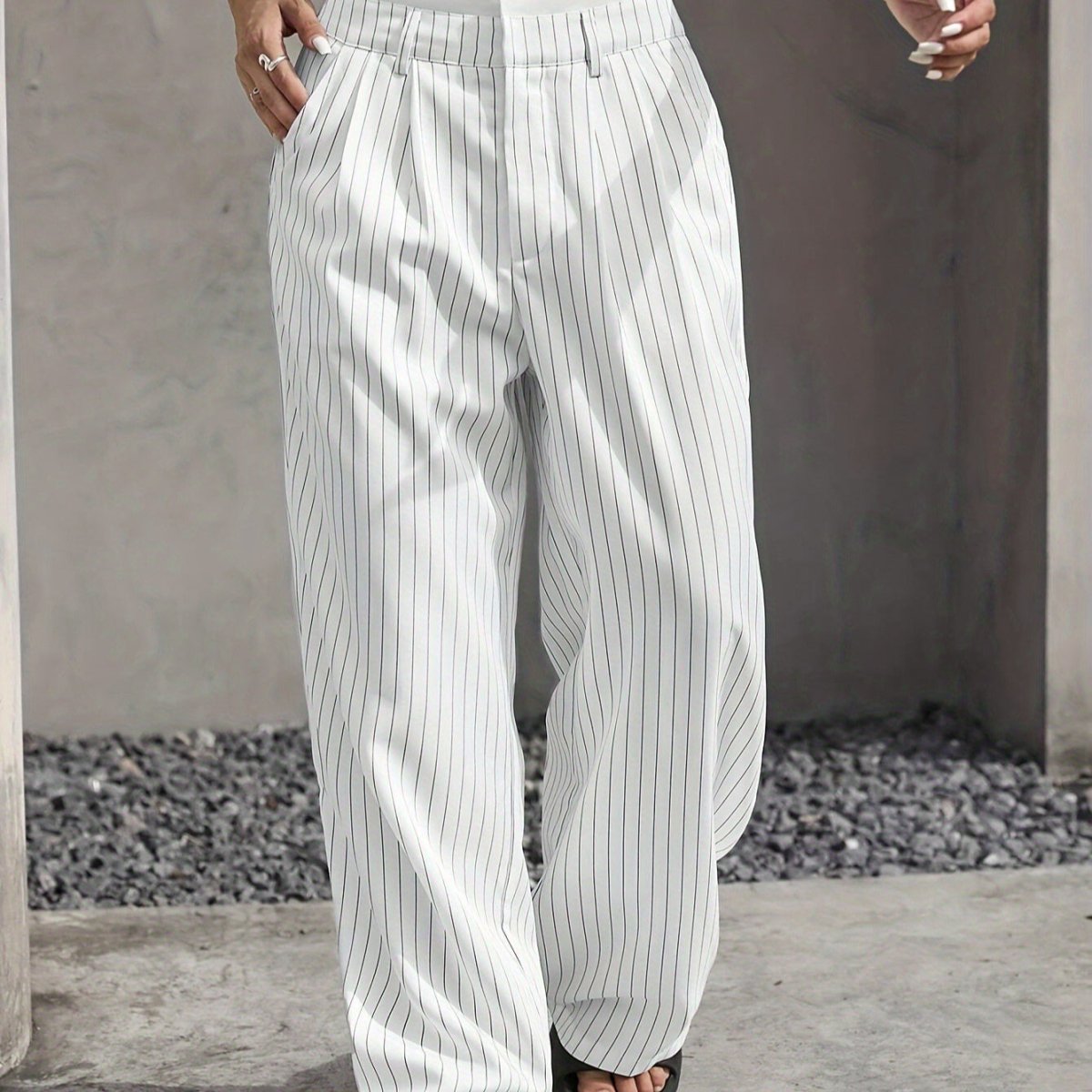 Pinstripe Wide-Leg Pants | High Waist Contrast Waistband Trousers(MS24
