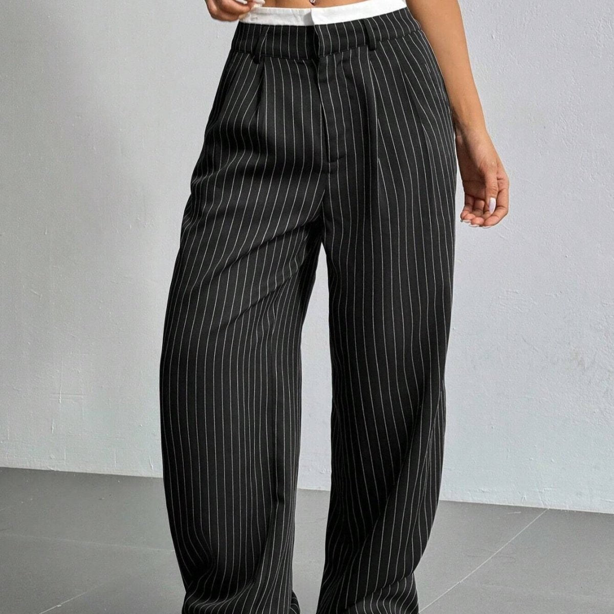 Pinstripe Wide-Leg Pants | High Waist Contrast Waistband Trousers(MS24