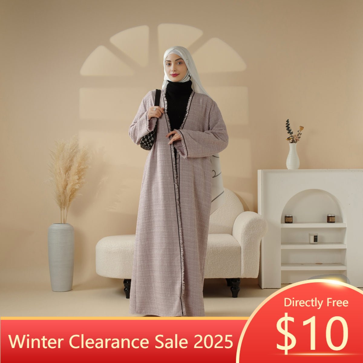 Plaid Tweed Open Abaya Coat with Fringe Details (MOA104) - Mariam's Collection