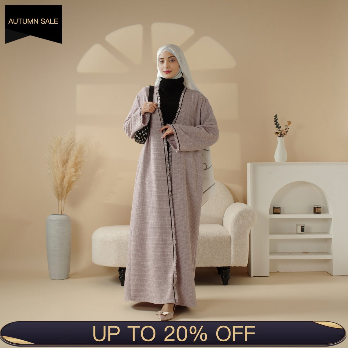 Plaid Tweed Open Abaya Coat with Fringe Details (MOA104) - Mariam's Collection