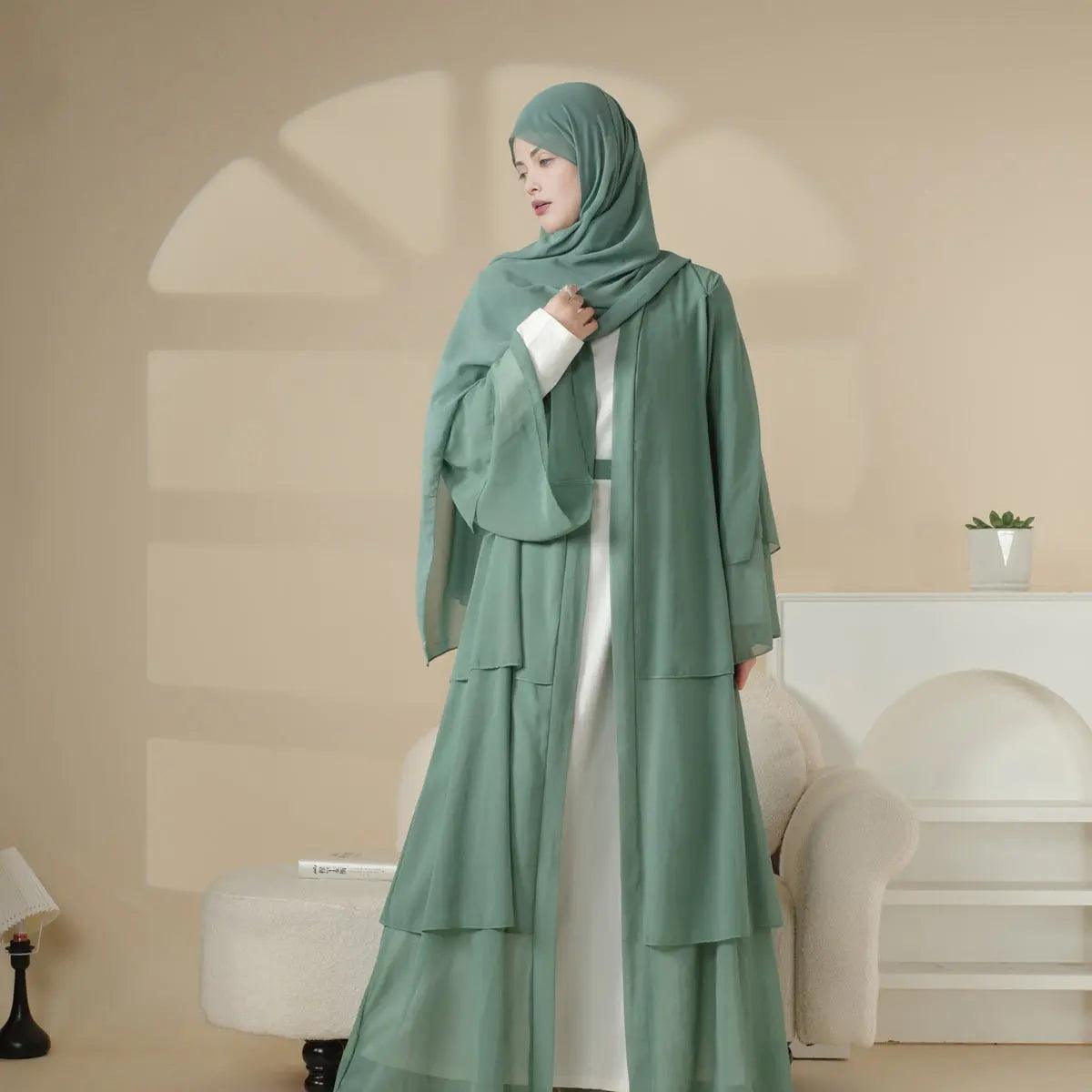 Plain 3 - Layered Chiffon Open Abaya 3 - Piece Set (MOA007) - Mariam's Collection