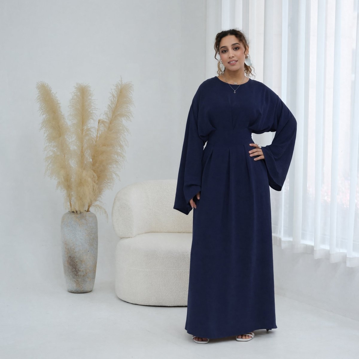 Pleated Batwing Sleeve Maxi Dress – Crinkle Crepe Abaya