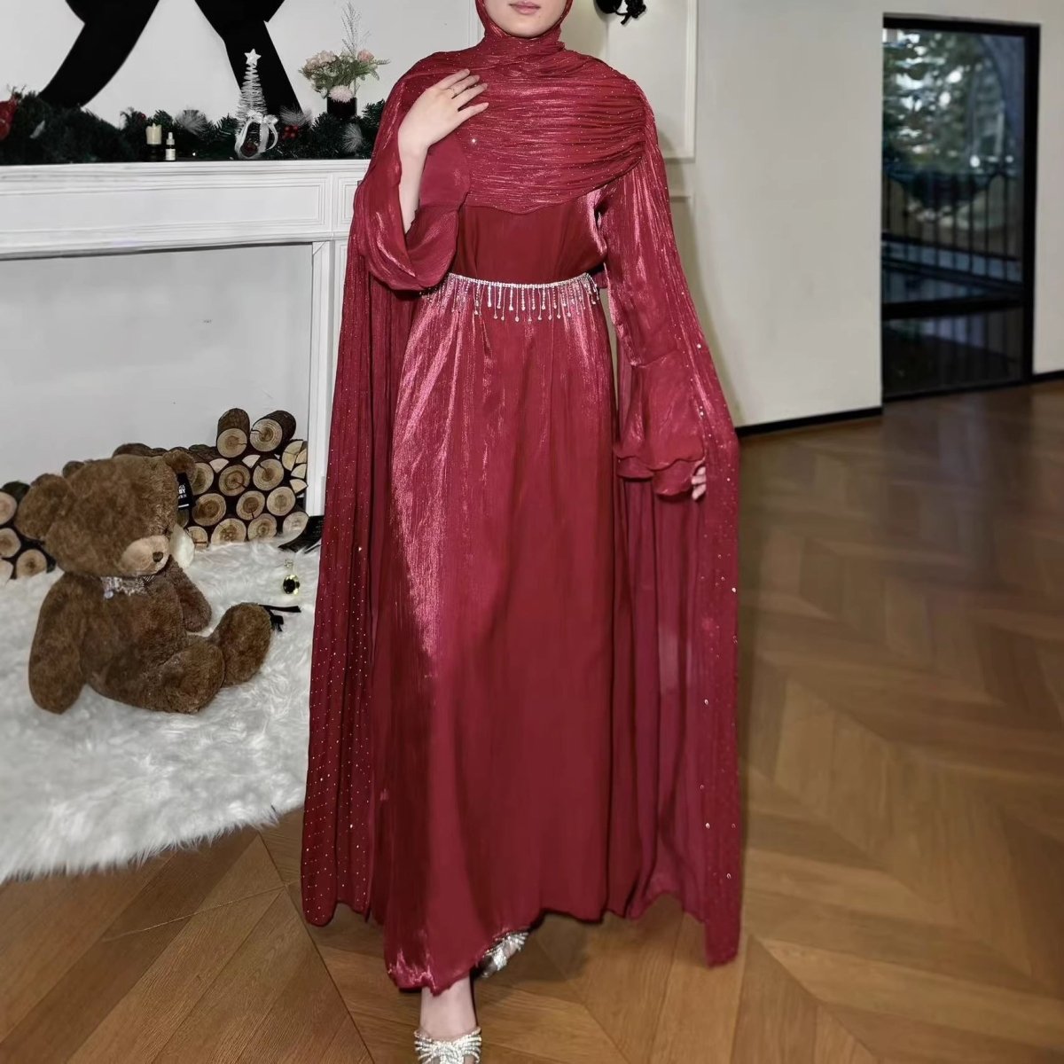 Pleated Cape Sleeve Abaya Maxi Dress(MA430) - Mariam's Collection