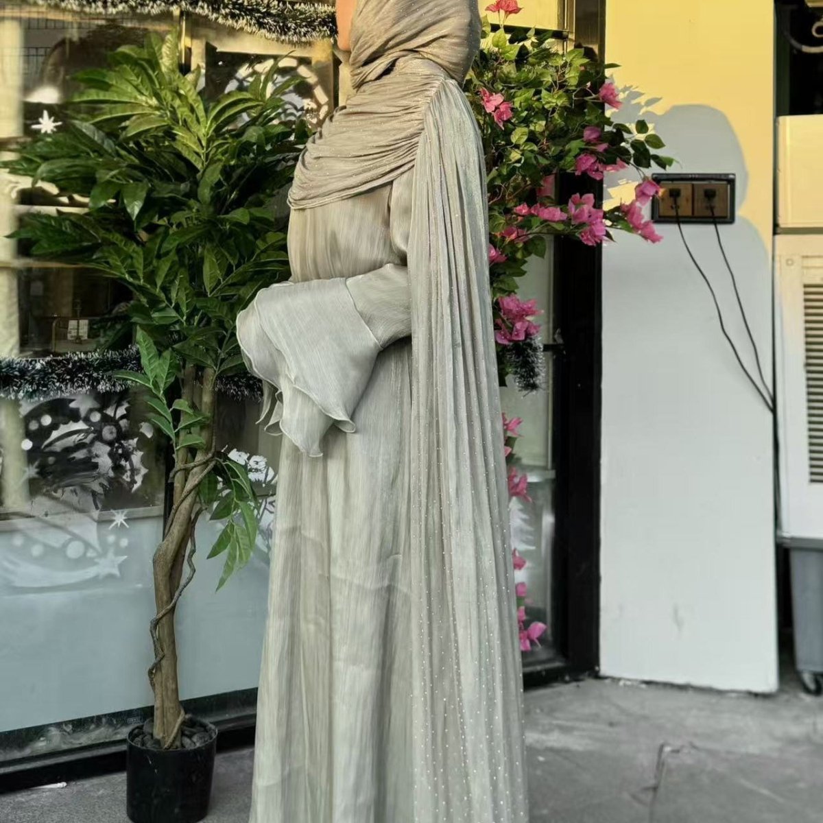 Pleated Cape Sleeve Abaya Maxi Dress(MA430) - Mariam's Collection