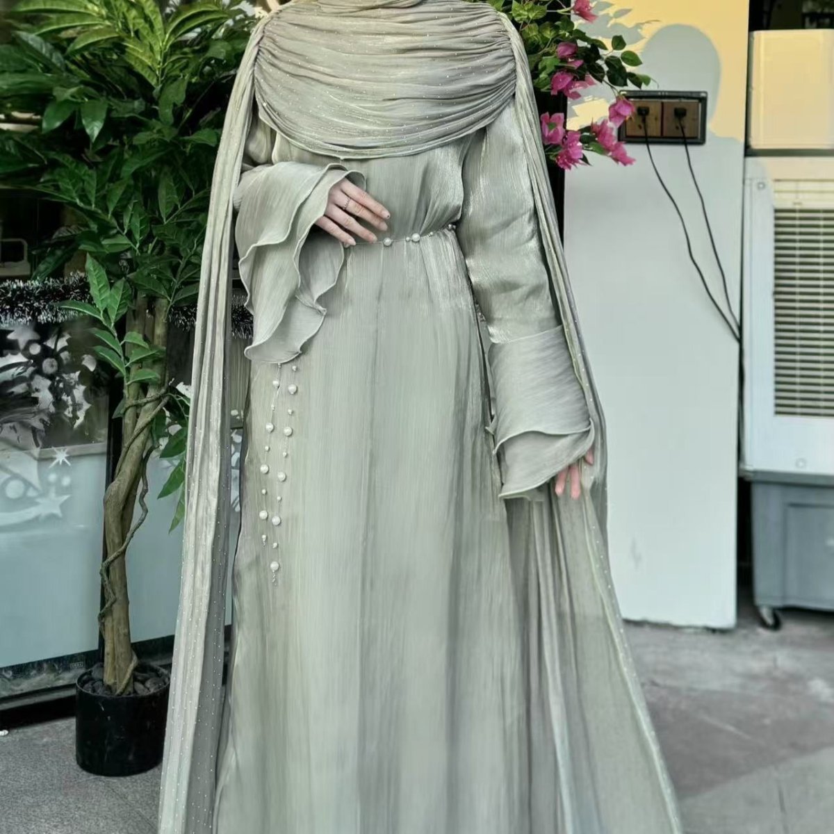 Pleated Cape Sleeve Abaya Maxi Dress(MA430) - Mariam's Collection