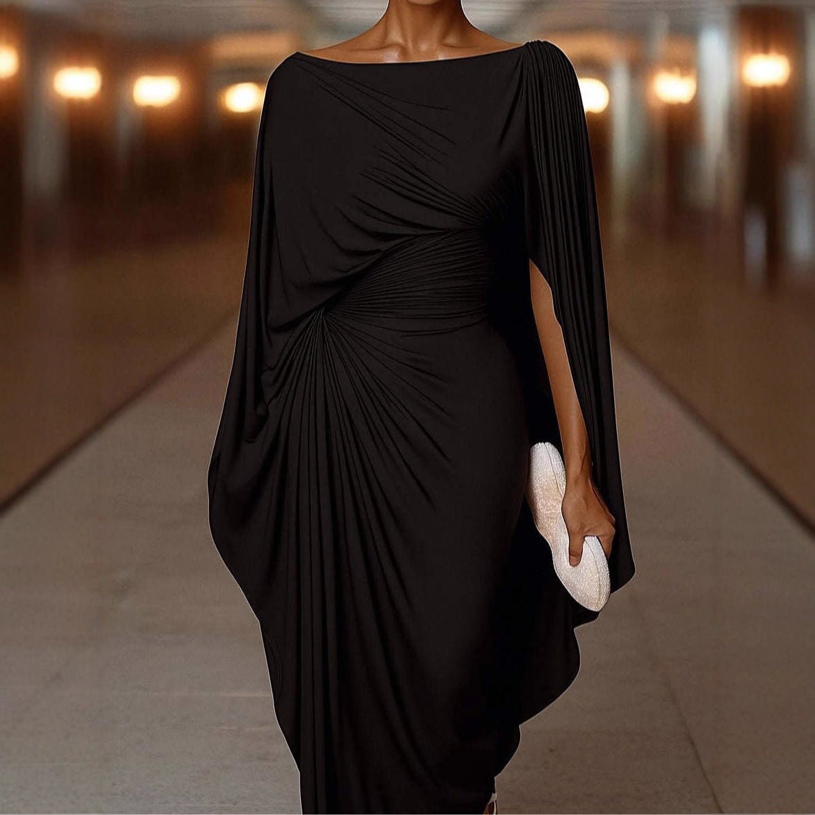 Pleated Evening Dress | Off-Shoulder Ruched Bodycon Gown(MS275) Black / XS Pleated Evening Dress | Off-Shoulder Ruched Bodycon Gown(MS275) Black / XS