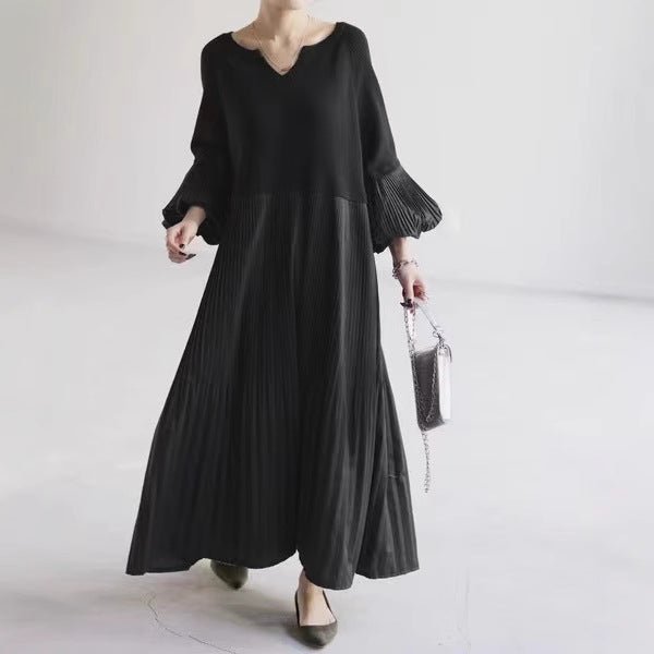 Pleated Knit Maxi Dress | Bubble Sleeve Mixed Media Sweater Dress(MS228) - Mariam's Collection