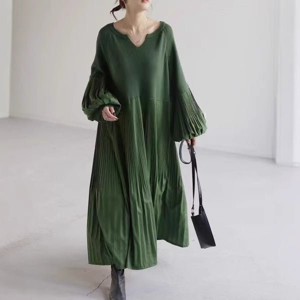 Pleated Knit Maxi Dress | Bubble Sleeve Mixed Media Sweater Dress(MS228) - Mariam's Collection