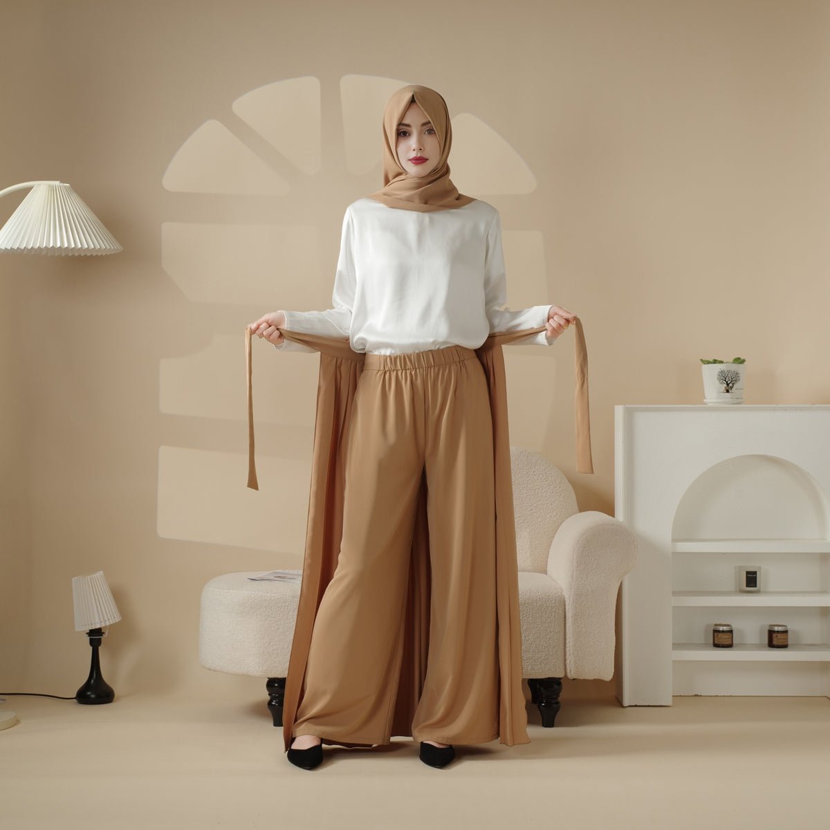 Pleated Overskirt, Wide - Cut Pants & Matching Hijab Set (MS025) - Mariam's Collection