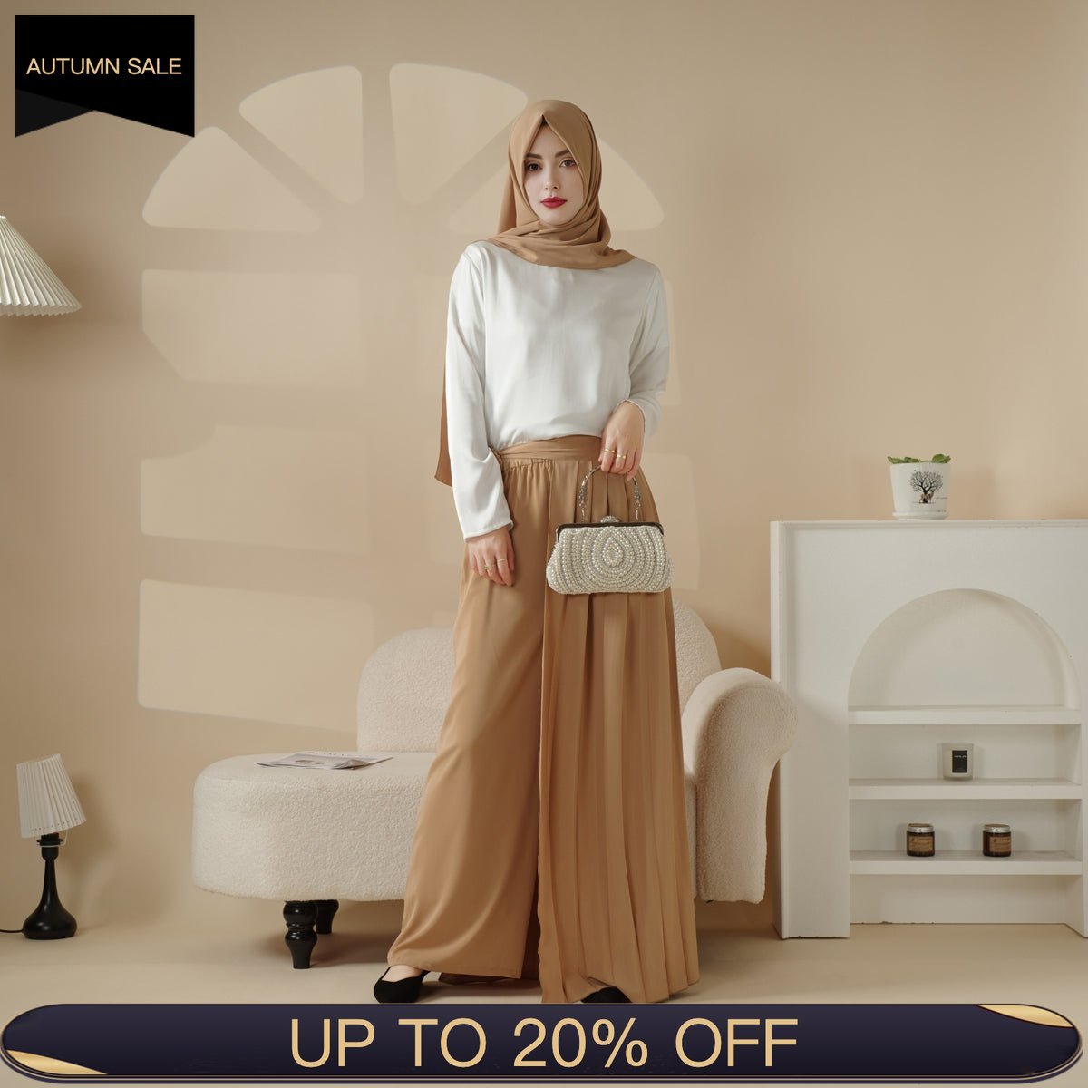 Pleated Overskirt, Wide - Cut Pants & Matching Hijab Set (MS025) - Mariam's Collection