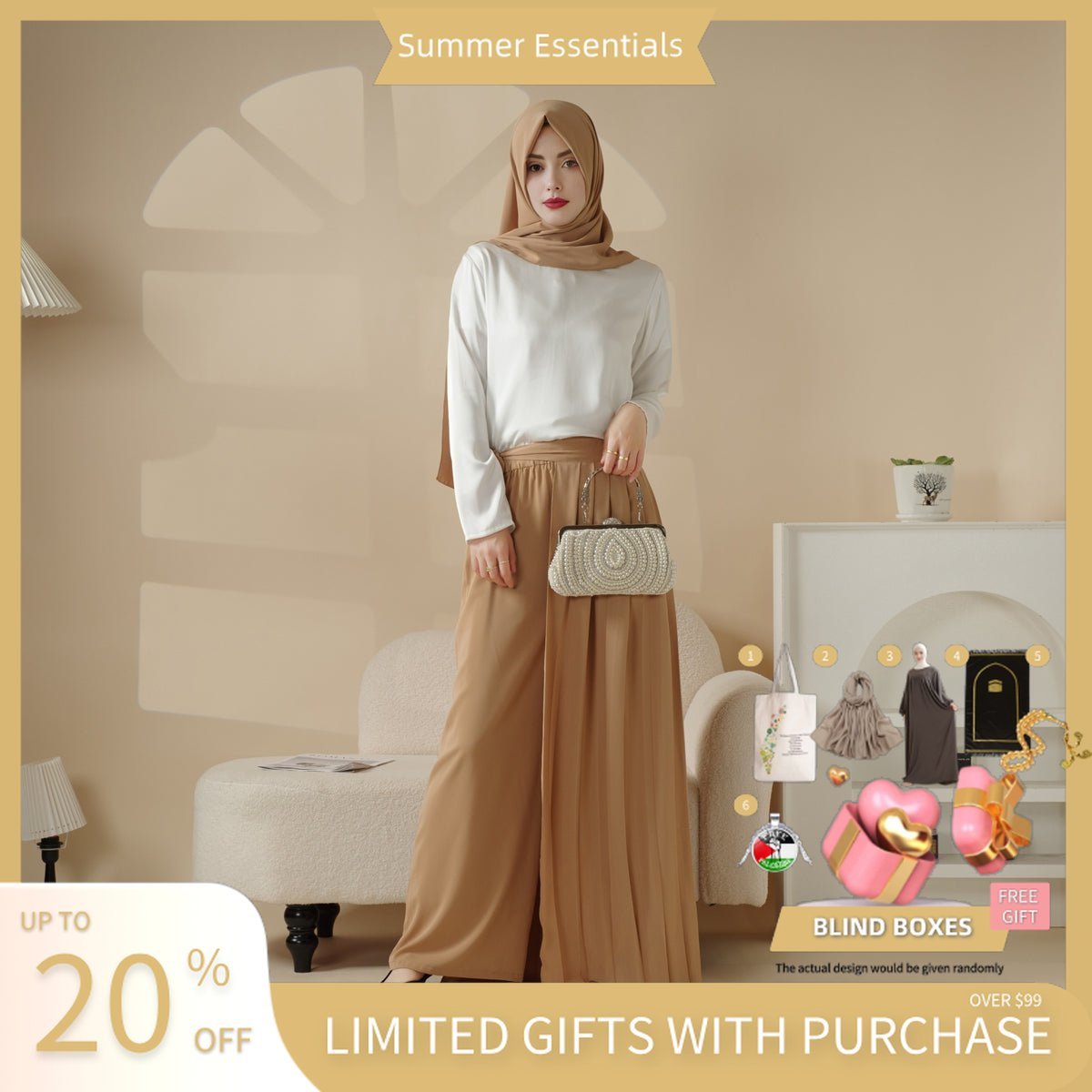 Pleated Overskirt, Wide - Cut Pants & Matching Hijab Set (MS025) - Mariam's Collection