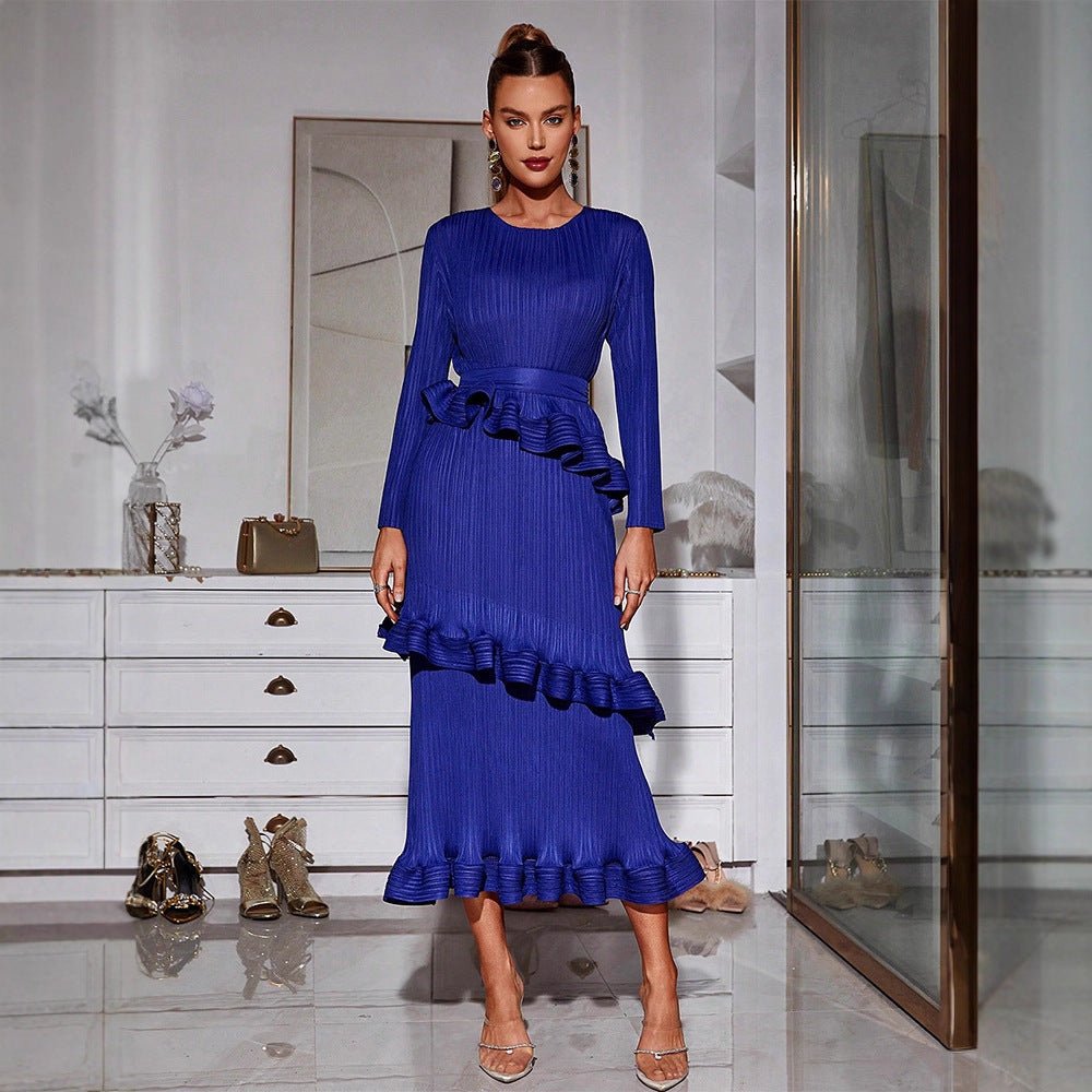 Pleated Tiered Ruffle Midi Dress(MS367) - Mariam's Collection