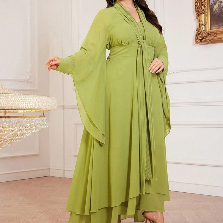 Plus Size Pleated Tie - Neck Maxi Dress(MS370) - Mariam's Collection