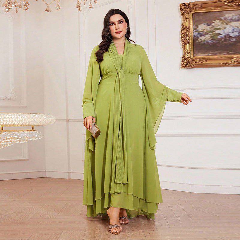 Plus Size Pleated Tie-Neck Maxi Dress Chiffon Ruffle Maxi Dress Light green / XXL Plus Size Pleated Tie-Neck Maxi Dress Chiffon Ruffle Maxi Dress Light green / XXL