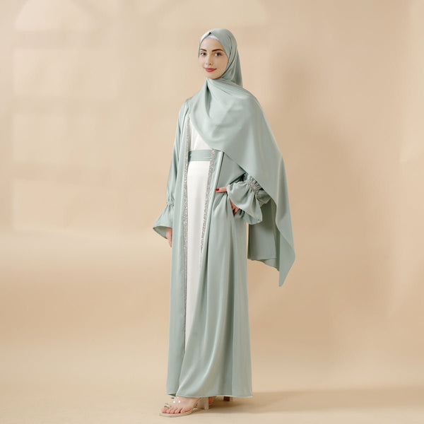 Poet Sleeve Satin Open Abaya With Matching Belt and Hijab (MOA009) - Mariam's Collection