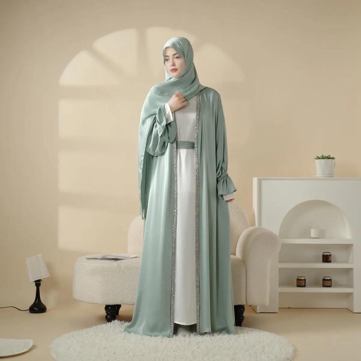 Poet Sleeve Satin Open Abaya With Matching Belt and Hijab (MOA009) - Mariam's Collection