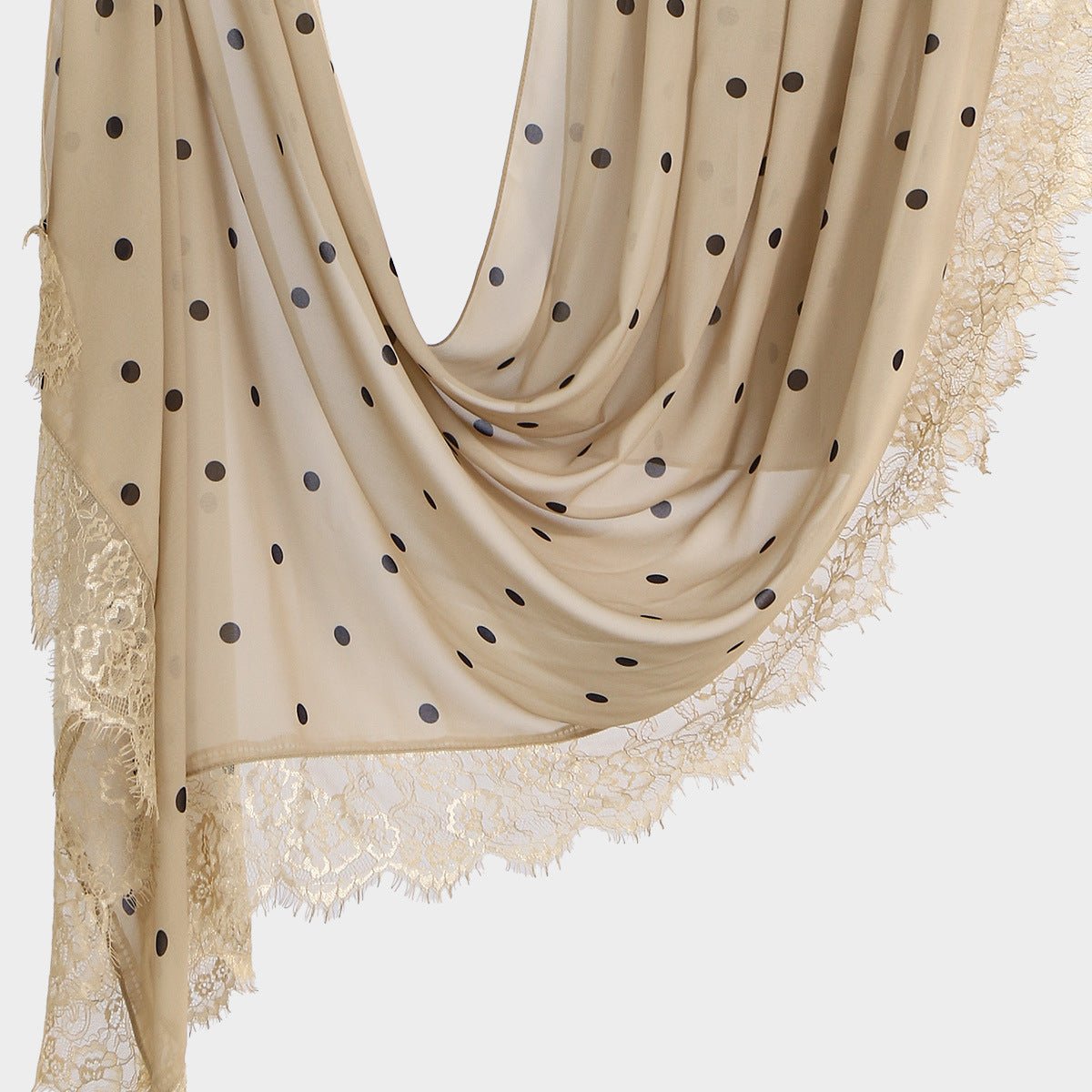 Feathered eyelash fringe outer edge of tonal lace-trim hijab scarf