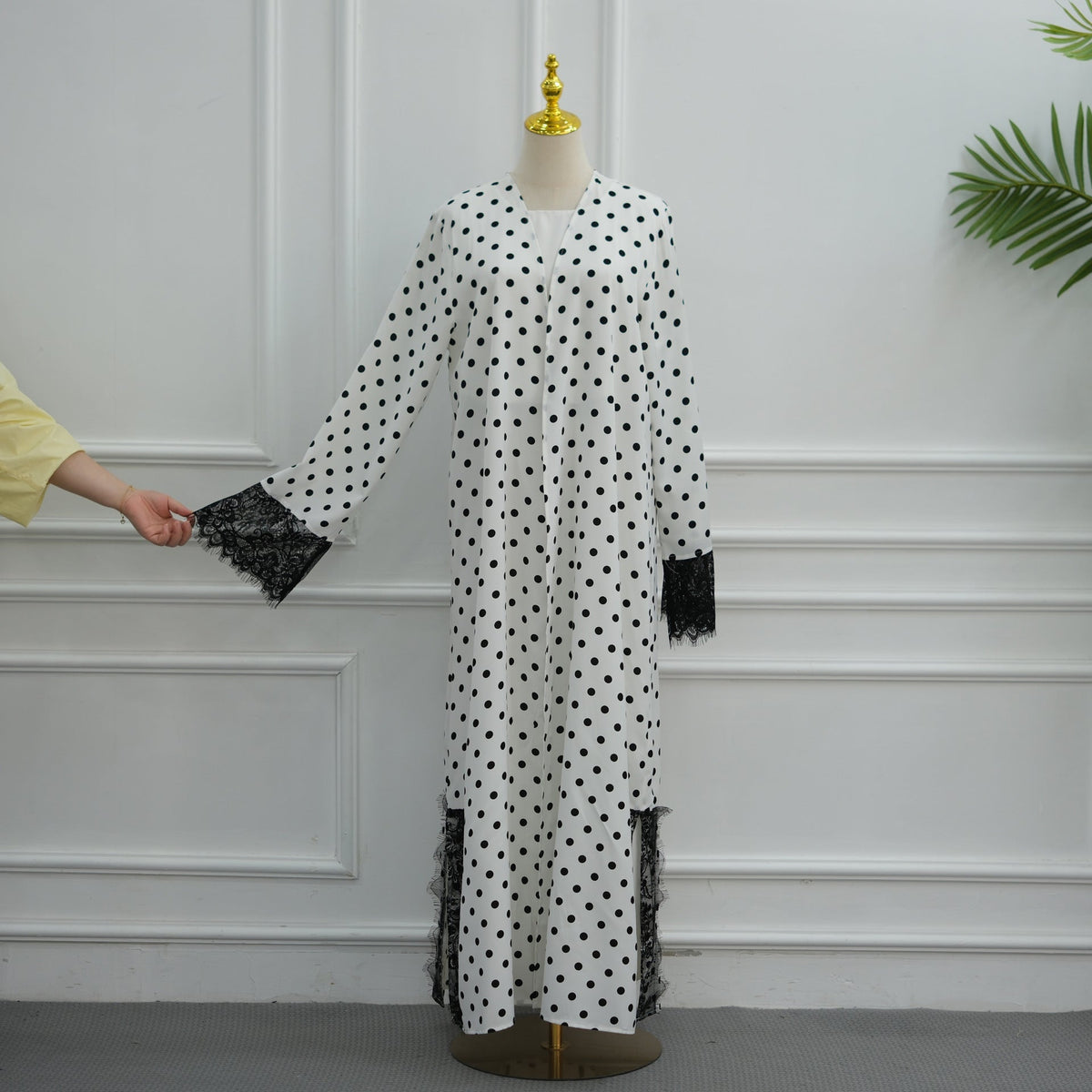 Polka Dot Lace-Trim Open Abaya & Matching Hijab Set(MOA343) - Mariam's Collection