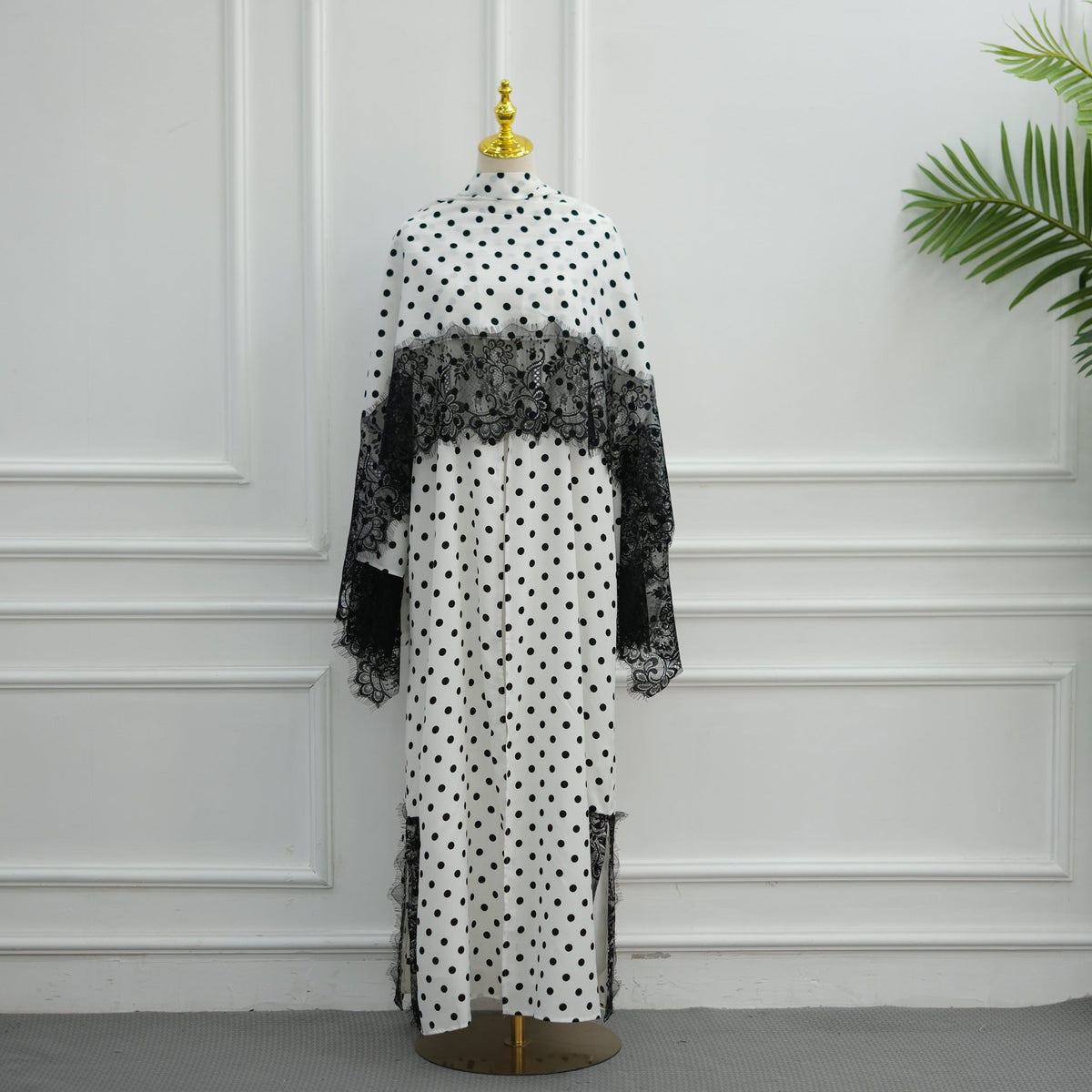 Polka Dot Lace-Trim Open Abaya & Matching Hijab Set(MOA343) - Mariam's Collection