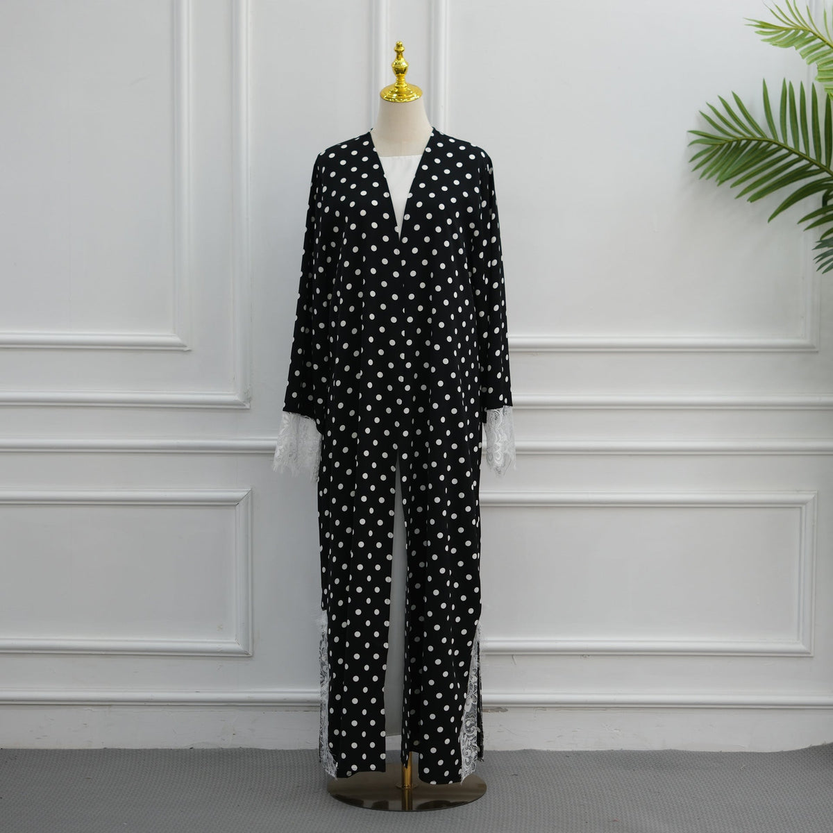 Polka Dot Lace-Trim Open Abaya & Matching Hijab Set(MOA343) - Mariam's Collection