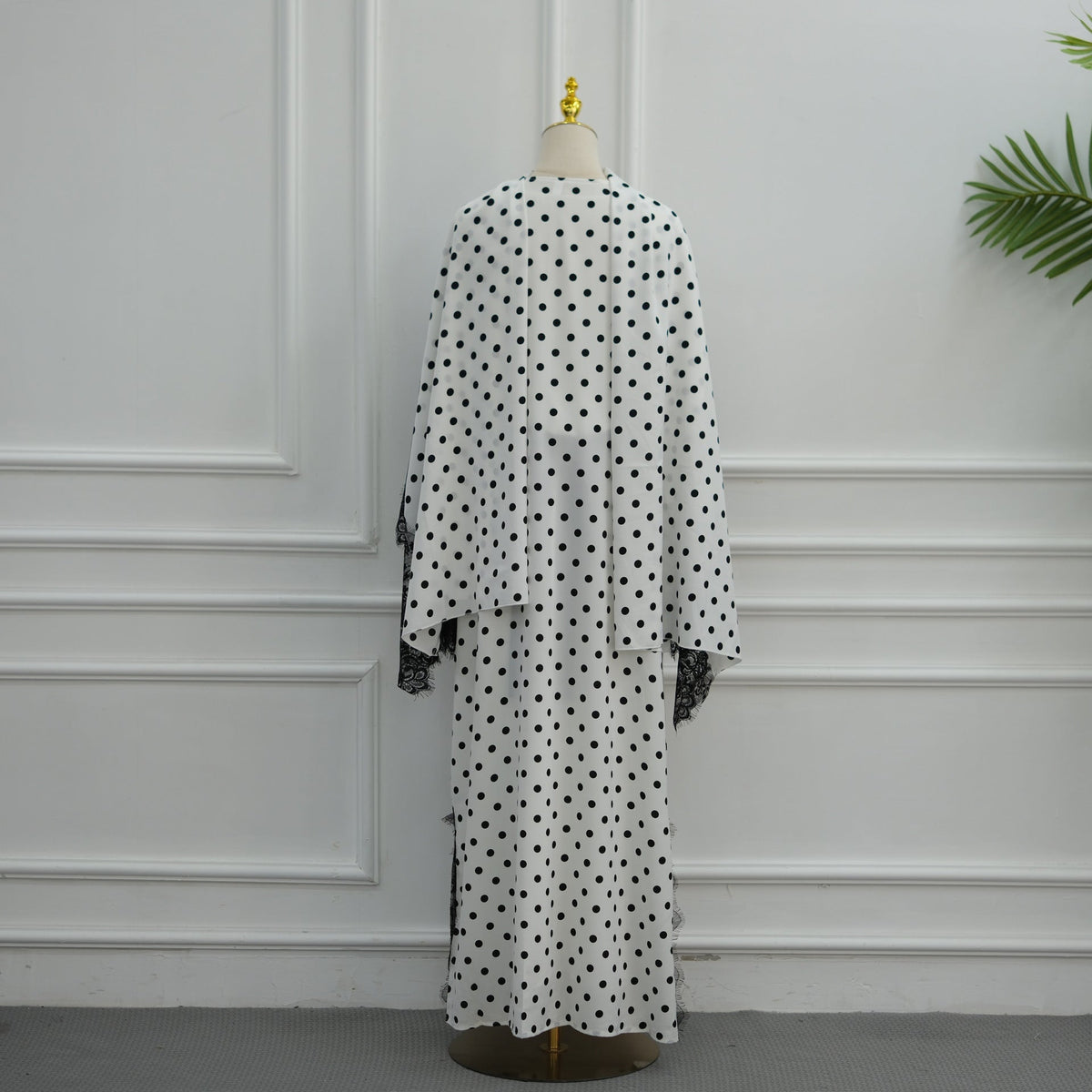 Polka Dot Lace-Trim Open Abaya & Matching Hijab Set(MOA343) - Mariam's Collection