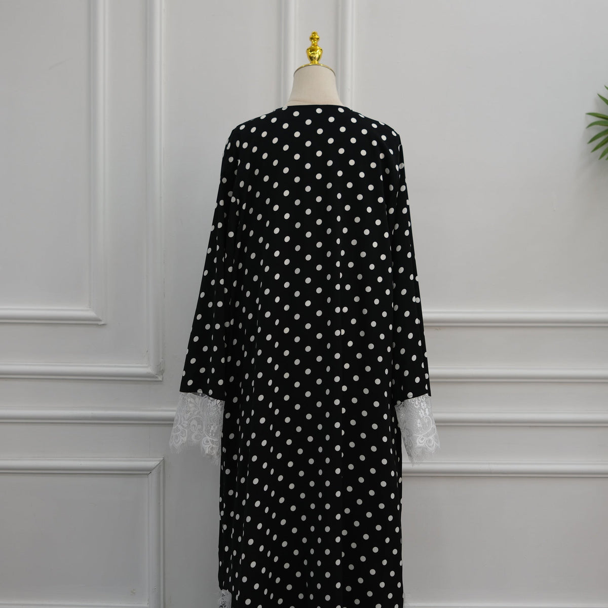 Polka Dot Lace-Trim Open Abaya & Matching Hijab Set(MOA343) - Mariam's Collection