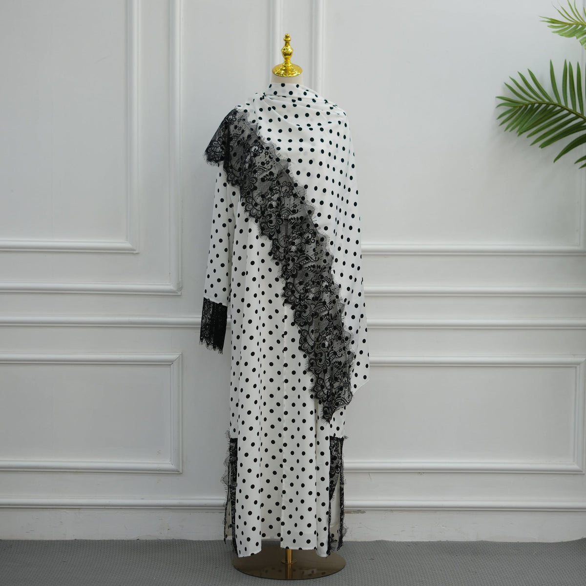 Polka Dot Lace-Trim Open Abaya & Matching Hijab Set(MOA343) - Mariam's Collection