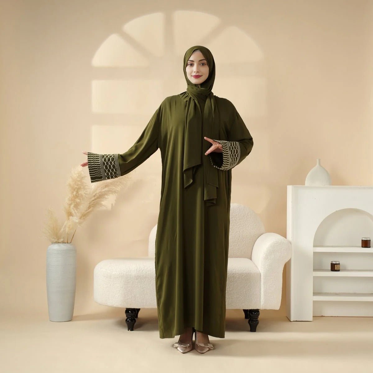 Portable Pocket Headscarf Dress Abaya Olive Green Modest Robe with Geometric Embroidery.(MJ019) - Mariam's Collection