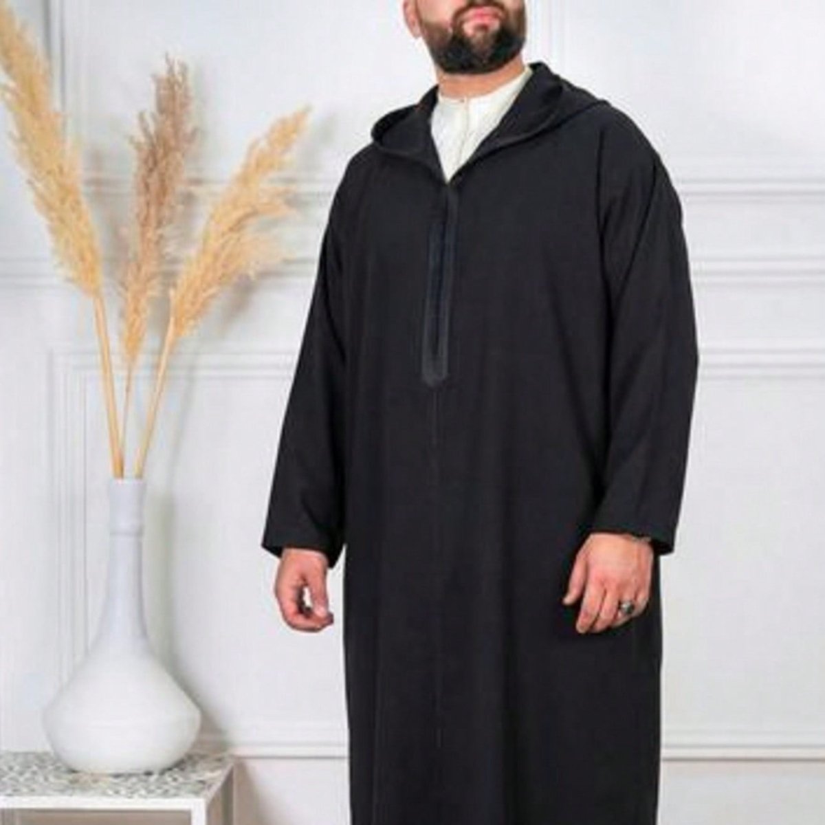 Premium Black Hooded Long Modest Muslim Robe Thobe for Men (MT029) - Mariam's Collection