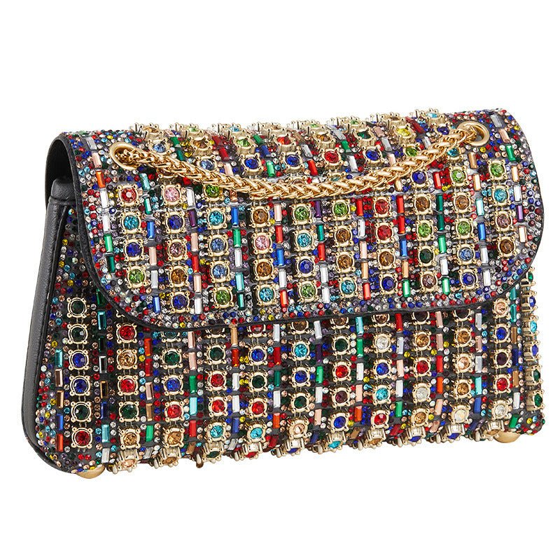 Multicolour jewelled sparkle clutch bag detail