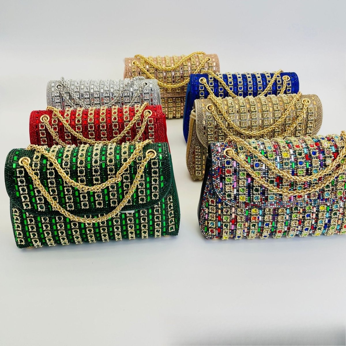 Crystal clutch bag styled with modest evening outfit