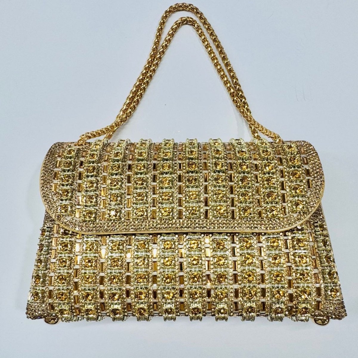 Close-up of crystal rhinestone embellishment on clutch