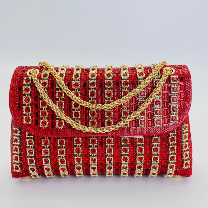 Rhinestone clutch bag styled with evening gown