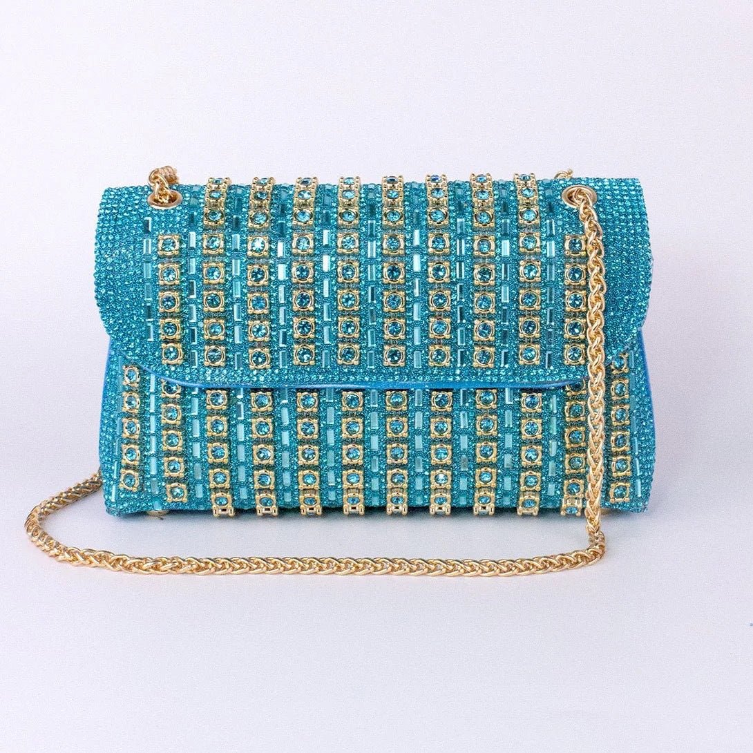 Royal blue crystal clutch top-down view