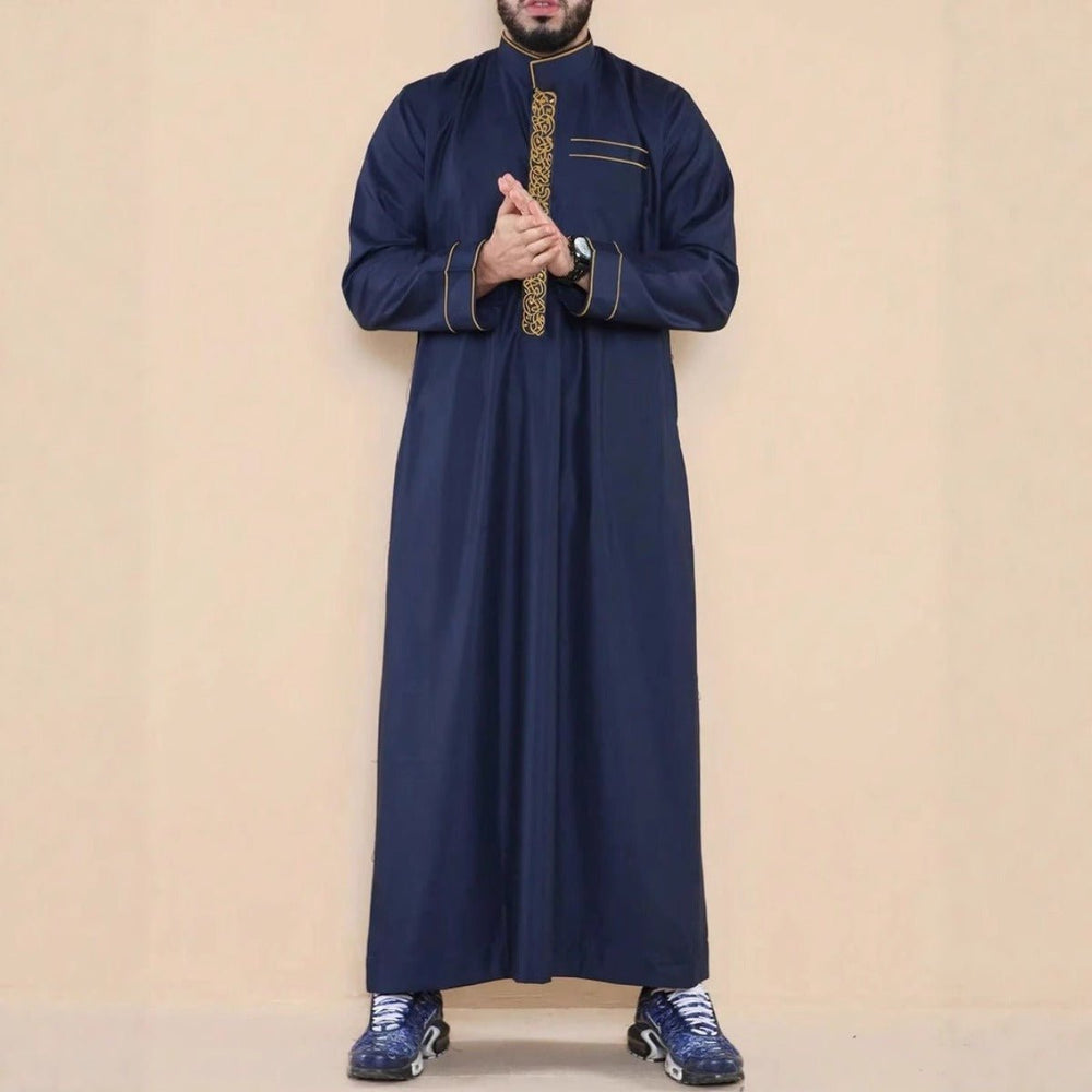 Premium Embroidered Stand Collar Thobe Navy & White Loose Fit Muslim R