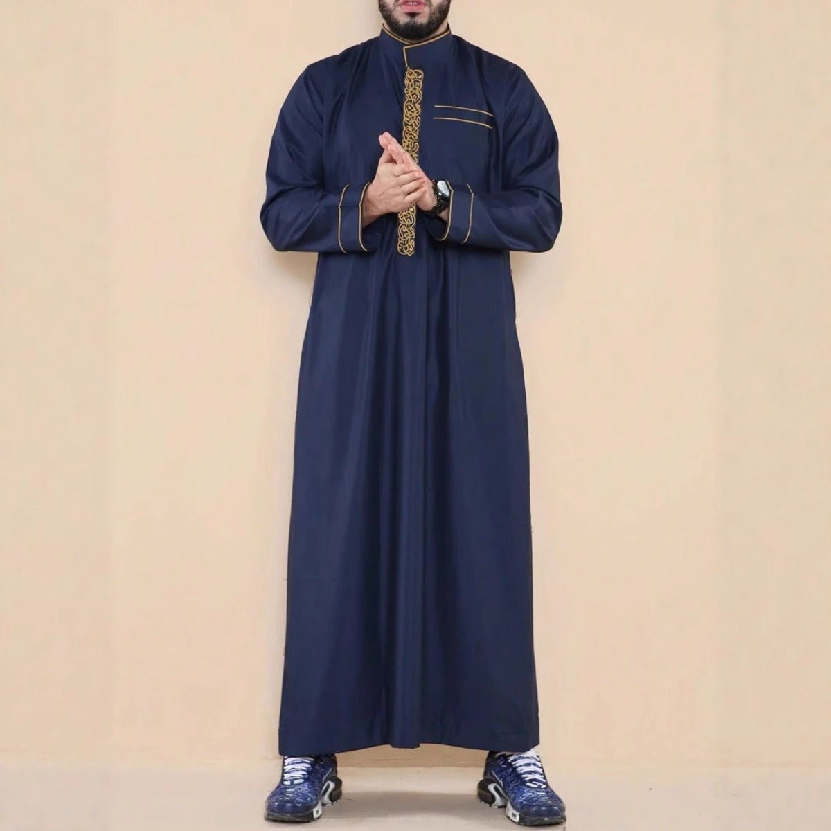 Premium Embroidered Stand Collar Thobe Navy & White Loose Fit Muslim Robe with Gold Stitching - Modest Casual Wear. (MT034) - Mariam's Collection