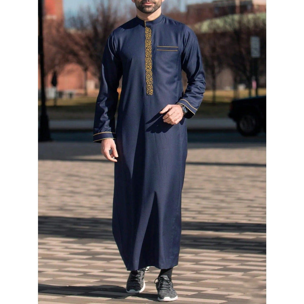 Premium Embroidered Stand Collar Thobe Navy & White Loose Fit Muslim R
