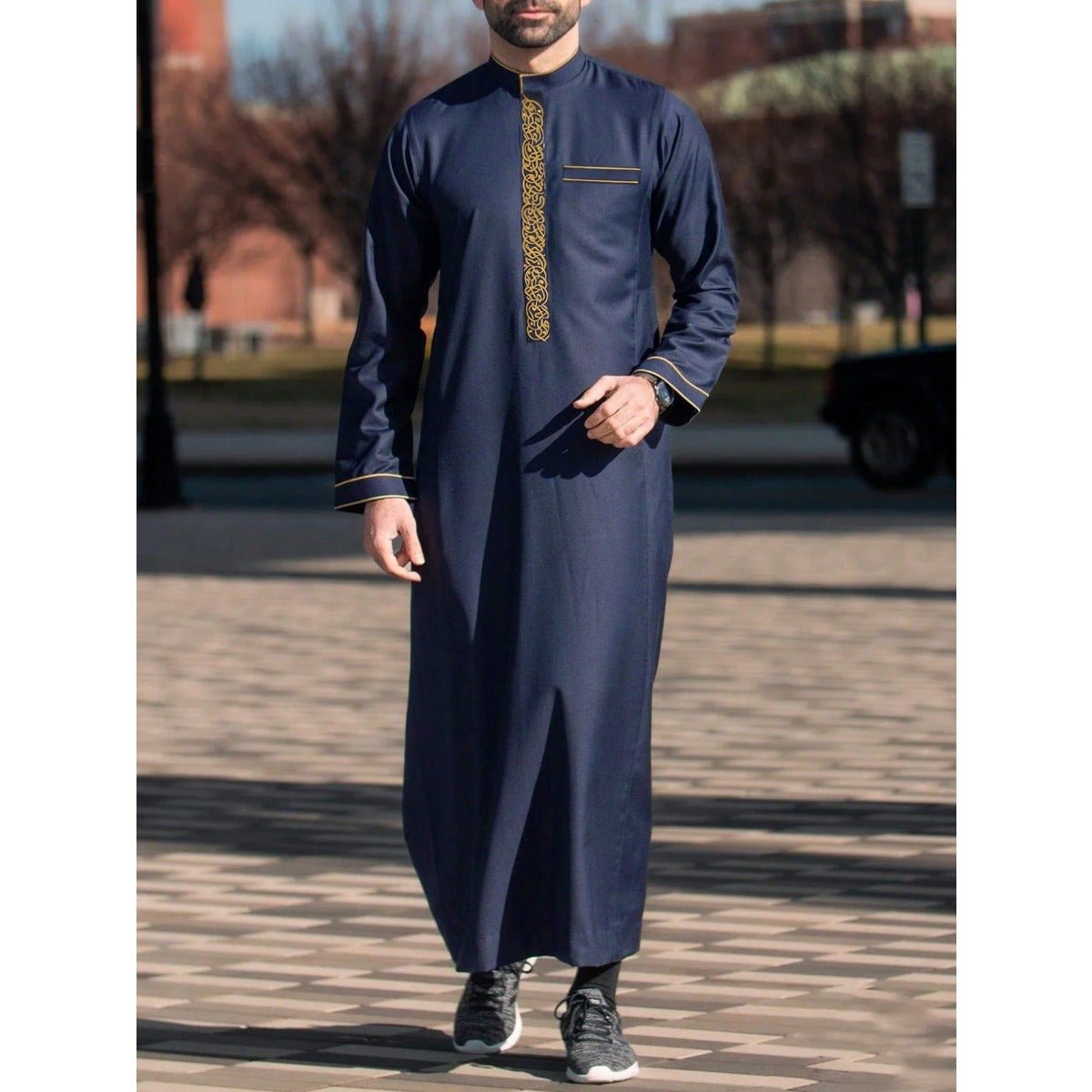 Premium Embroidered Stand Collar Thobe Navy & White Loose Fit Muslim Robe with Gold Stitching - Modest Casual Wear. (MT034) - Mariam's Collection