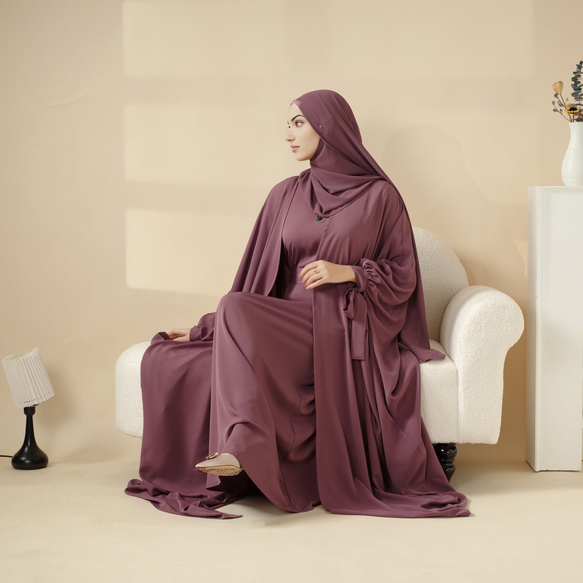 Premium Farasha Textured 5 - Piece Set Open Abaya (MOA095) - Mariam's Collection