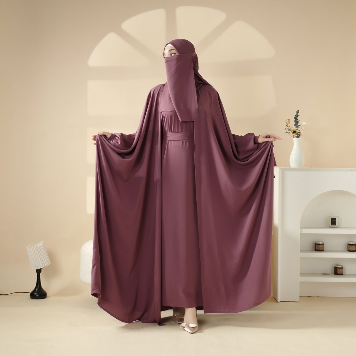 Premium Farasha Textured 5 - Piece Set Open Abaya (MOA095) - Mariam's Collection