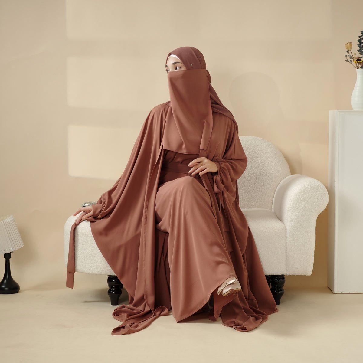 Premium Farasha Textured 5 - Piece Set Open Abaya (MOA095) - Mariam's Collection