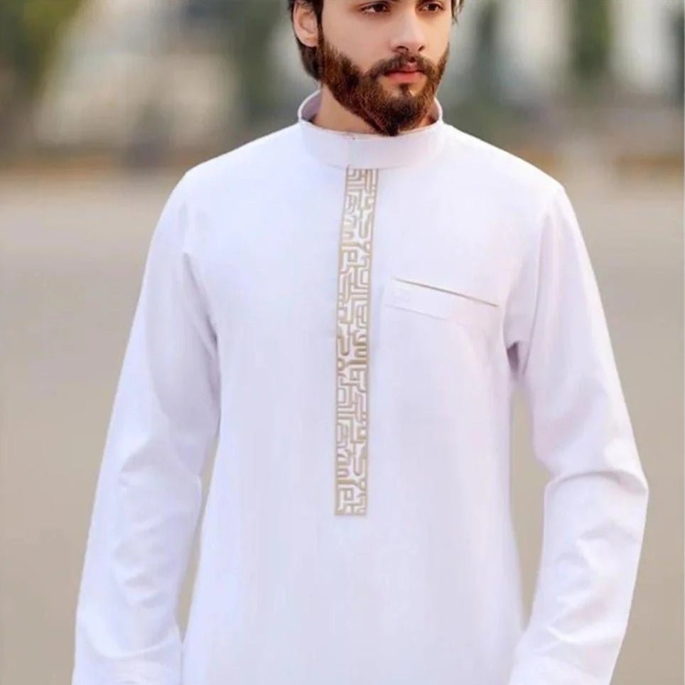 Premium Gold Islamic Geometric Print Men's Thobe Long Robe with Stand Collar & Side Pocket (MT028) - Mariam's Collection
