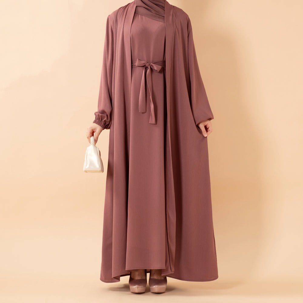 Premium Nida Zoom Open Abaya Set | 3 - Piece Textured Abaya with Pockets and Belt (MOA239) - Mariam's Collection