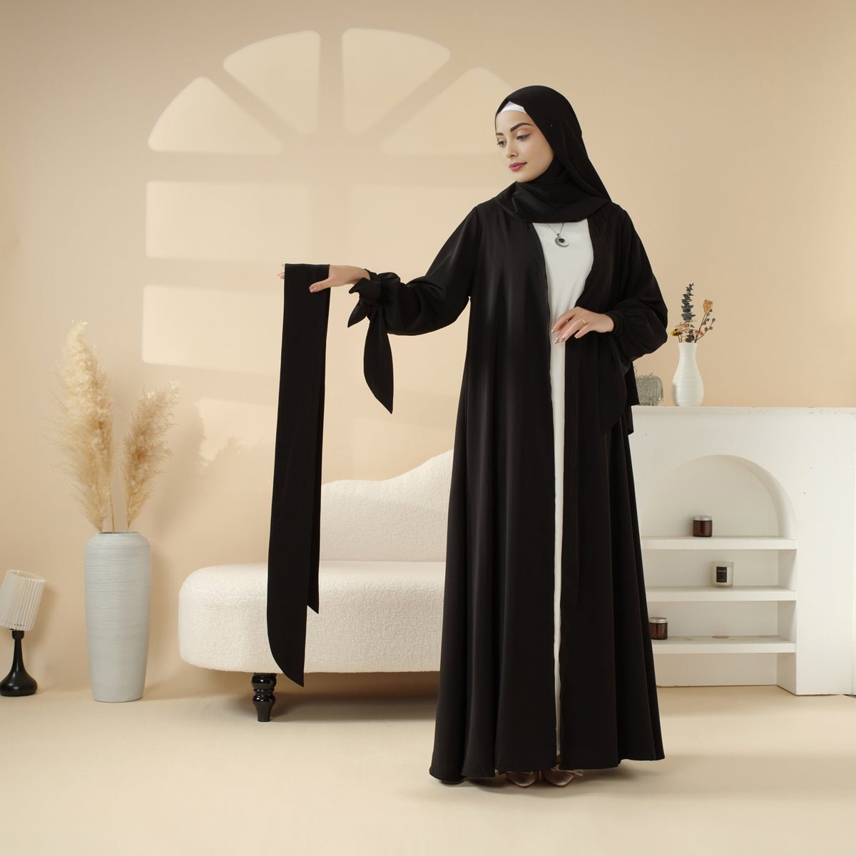 Premium Ribbon 4 - Piece Set Open Abaya (MOA105) - Mariam's Collection